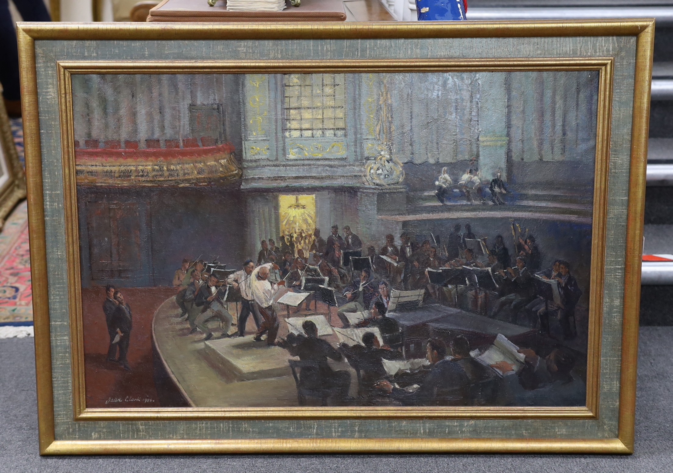 Jean Clarke (1902-1999), oil on canvas, 'Vienna Symphony Orchestra rehearsing 1956 with Felix Prohaska', signed and dated 1956, 60 x 90cm